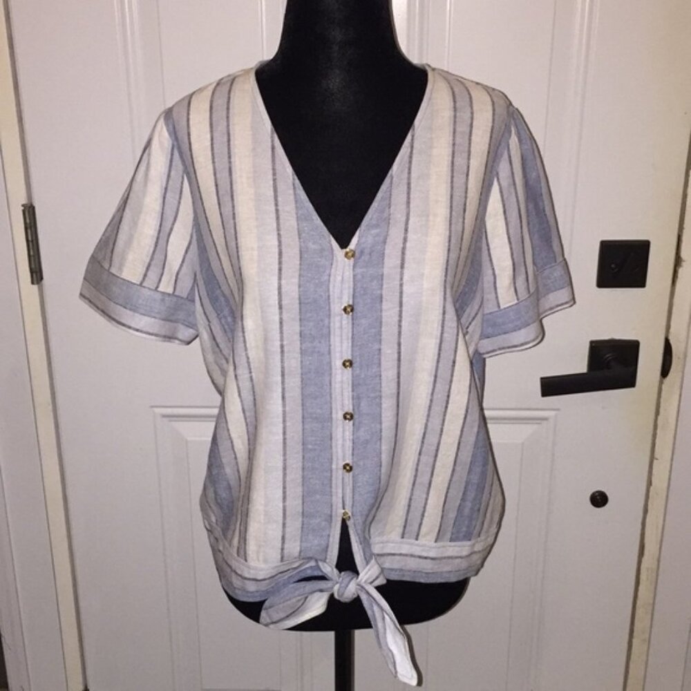 Michael Kors Vintage Striped Short Sleeve Blouse with Tie Up Front Size Medium